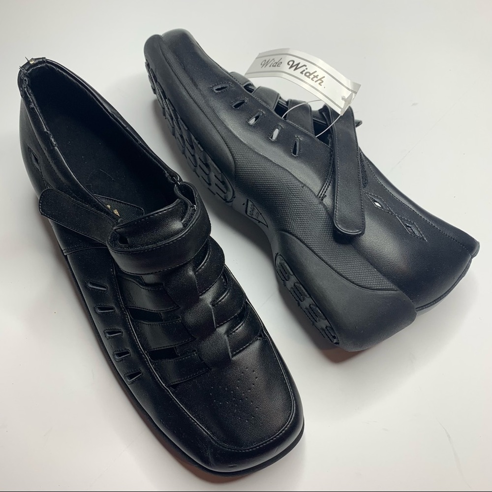 24 HOUR COMFORT Fiona Black Leather Fishherman Sandals EXTRA WIDE SIZE